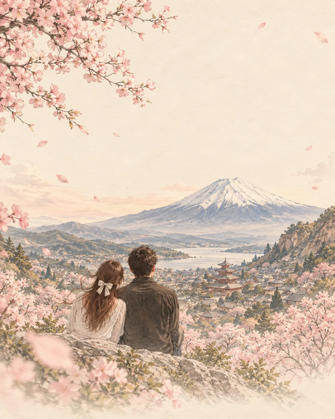 Ilustración en acuarela: la pareja de espaldas contempla un valle con montaña nevada entre cerezos